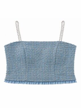 Blue Tweed Chain-Strap Crop Top